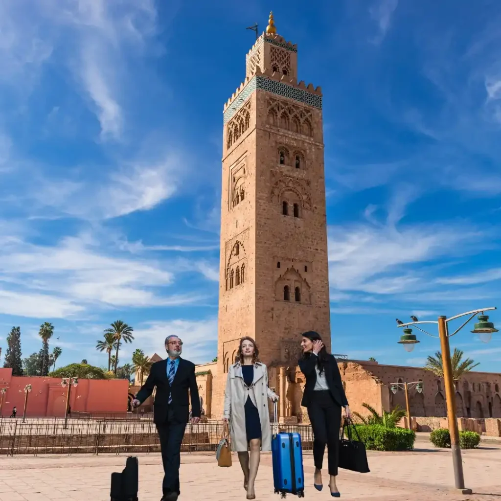 Corporate Client 1 Business travel in Morocco – professionals near Koutoubia Mosque. Visit Morocco Tours