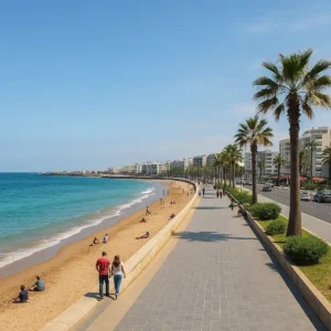 Free things to do in Casablanca | La Corniche coastal promenade with ocean views, sandy beaches, and palm trees. Visit Morocco Tours
