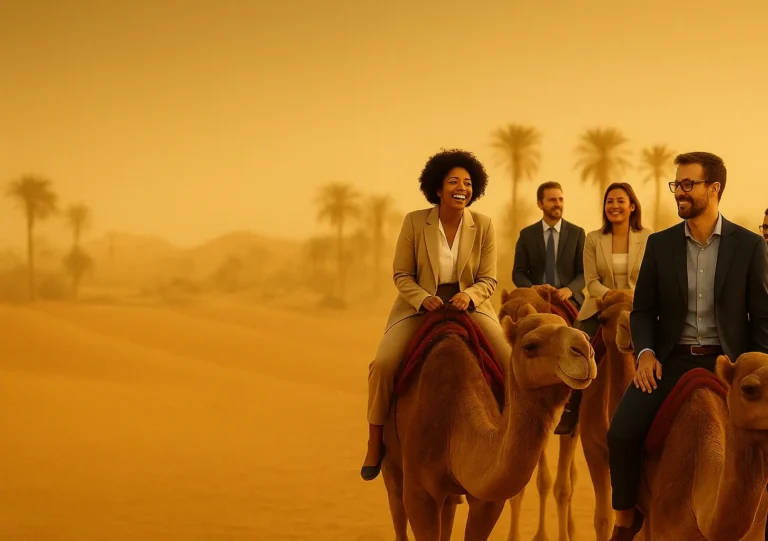Corporate travel clients riding camels through Moroccan desert in formal attire. Visit Morocco Tours