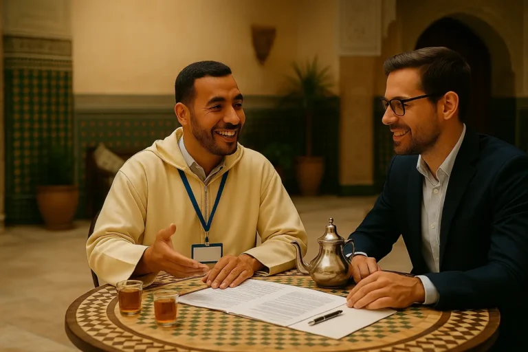 Destination Management Company – Morocco travel agent meeting with local guide over tea in a riad. Visit Morocco Tours