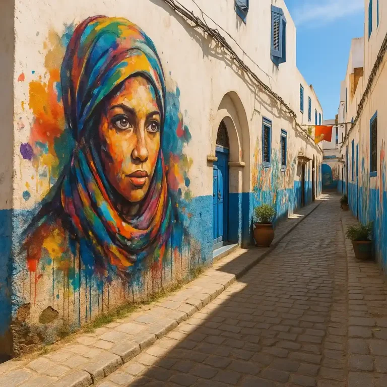 Free things to do in Rabat | Cultural Street Art Walk showing a colorful mural of a woman on a medina wall, surrounded by blue doors and narrow streets. Visit Morocco Tours