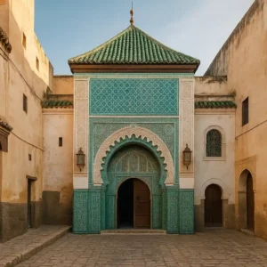 Free things to do in Fez | Tijani Zawiya entrance with turquoise tiles, arched doorway, and peaceful spiritual ambiance. Visit Morocco Tours