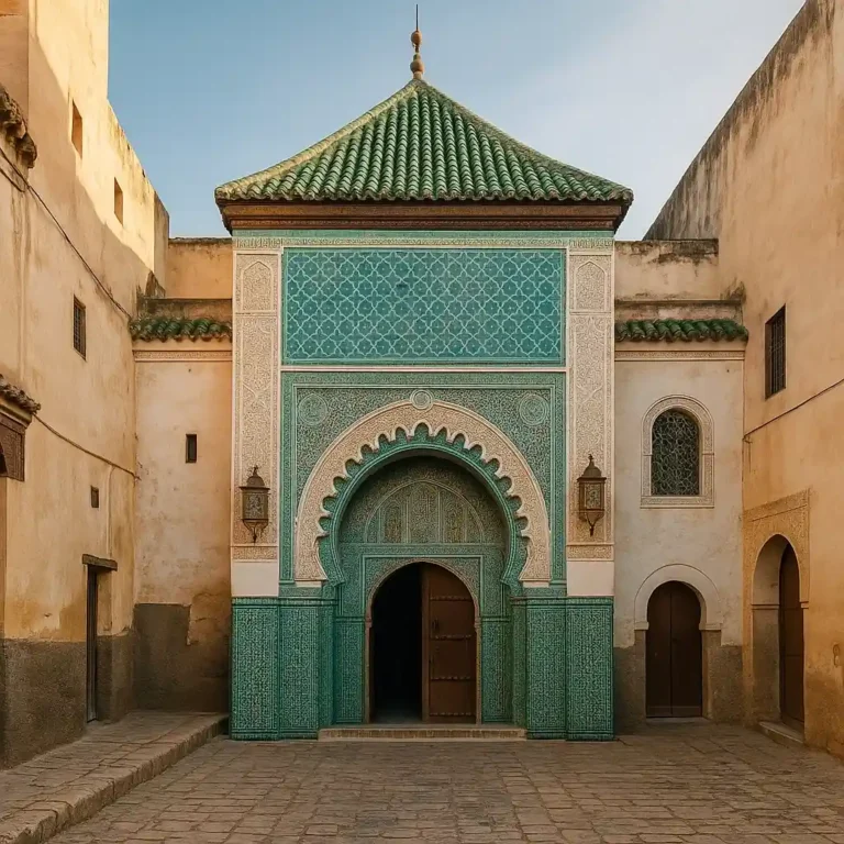 Free things to do in Fez | Tijani Zawiya entrance with turquoise tiles, arched doorway, and peaceful spiritual ambiance. Visit Morocco Tours