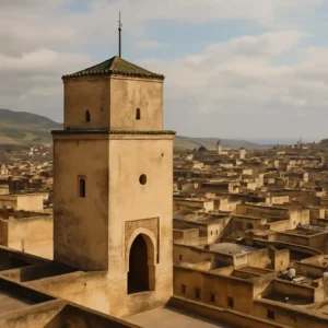 Free things to do in Fez | Borj Neffara with rooftop view, tower wall, and medina skyline at golden hour. Visit Morocco Tours