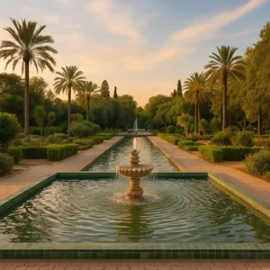Free things to do in Fez | Jnan Sbil Gardens with fountains, palm trees, and colorful plants. Visit Morocco Tours