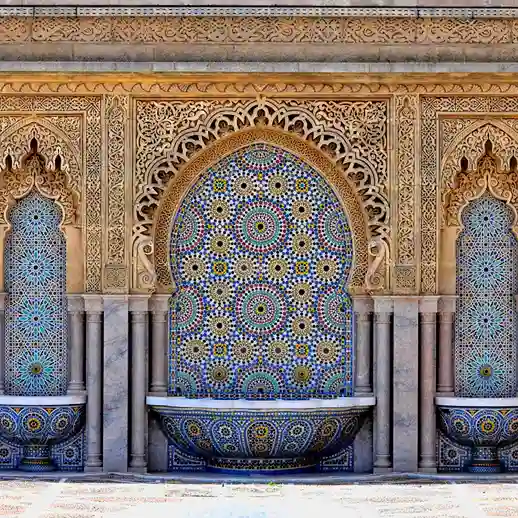 Visit Rabat Mausoleum of Mohammed V, with its mosaic detail on cultural tours. Visit Morocco Tours
