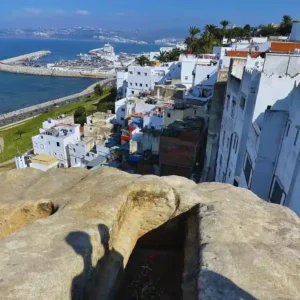 Visit Tangier bird view showing Atlantic coast with personalised tours. Visit Morocco Tours