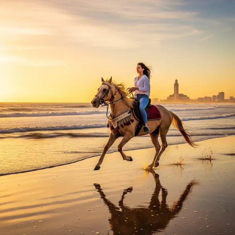 Beach Horse Riding with Hotel Transfer: on beach at sunset with rider and Atlantic waves. Visit Morocco Tours