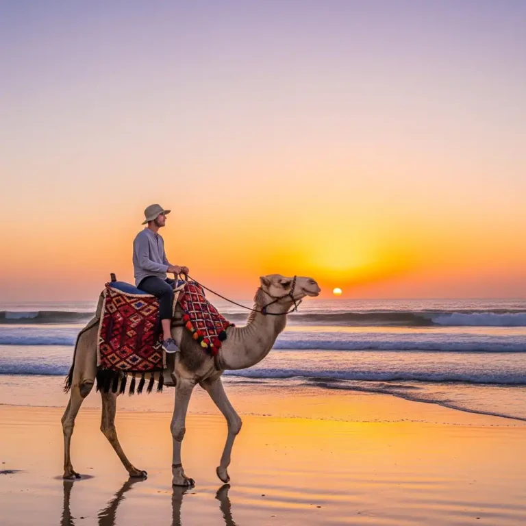 Sunset Camel Ride on the Beach- Rabat by the Atlantic beach in Rabat with Visit Morocco Tours