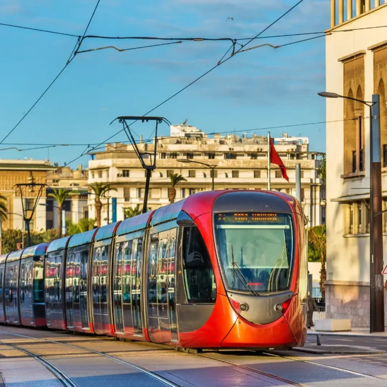 Modern tramway moving through Casablanca streets Morocco. Visit Morocco Tours