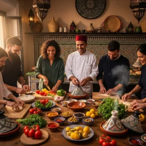 Casablanca cooking classes Moroccan cuisine with chef instructing happy students around spice-filled table. Visit Morocco Tours