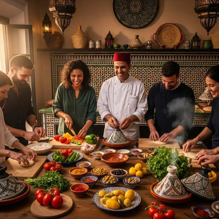 Casablanca cooking classes Moroccan cuisine with chef instructing happy students around spice-filled table. Visit Morocco Tours