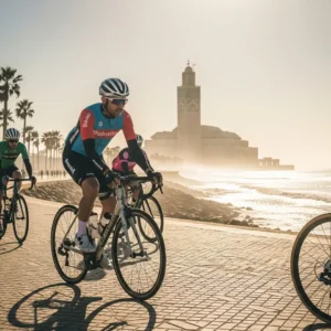 Cycling Tour- Casablanca along seaside corniche with Hassan II Mosque skyline. Visit Morocco Tours