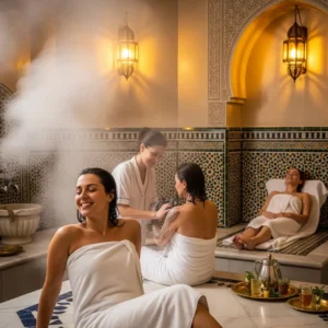 Casablanca hammam spa experience with happy people relaxing in steam and Moroccan decor. Visit Morocco Tours