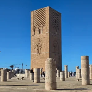 The historic Hassan Tower minaret in Rabat Morocco with unfinished columns. Visit Morocco Tours