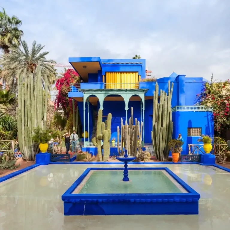 Beautiful blue walls and lush plants at Jardin Majorelle garden in Marrakech. Visit Morocco Tours