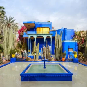 Visit Jardin Majorelle Marrakech – iconic botanical garden with exotic plants, Yves Saint Laurent villa, and vibrant blue architecture. Visit Morocco Tours