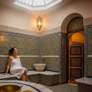 Luxury hammam spa Marrakech guest relaxing in traditional steam room. Visit Morocco Tours