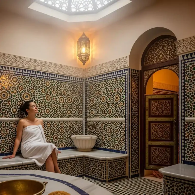 Luxury hammam spa Marrakech guest relaxing in traditional steam room. Visit Morocco Tours