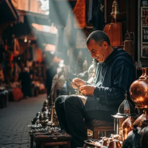 Artisan Quarter Tour Marrakech- Copper artisan hammering traditional teapot in Marrakech’s artisan quarter—watch live on our tour. Visit Morocco Tours