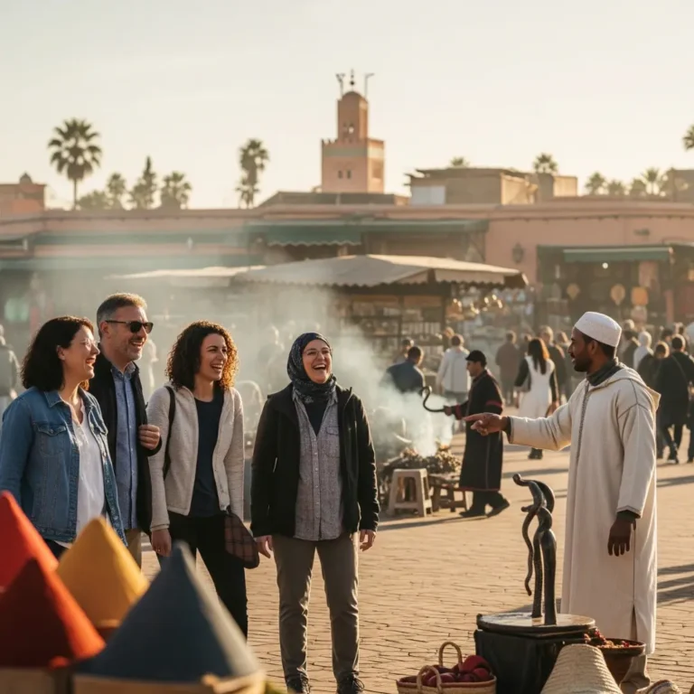 Marrakech city tour group with guide exploring vibrant Jemaa el-Fnaa square. Visit Morocco Tours