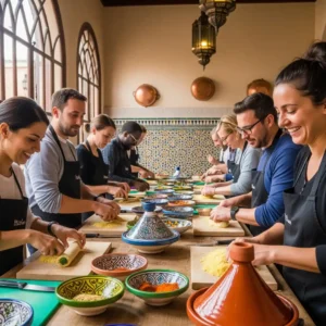 Marrakech cooking class participants learning authentic tagine techniques. Visit Morocco Tours