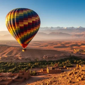 Marrakech hot air balloon floating over Atlas Mountains at dawn. Visit Morocco Tours
