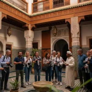 Marrakech photography tour participants capturing intricate riad architecture details. Visit Morocco Tours
