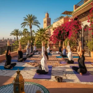 Marrakech yoga retreat on the rooftop with Koutoubia Mosque view. Visit Morocco Tours