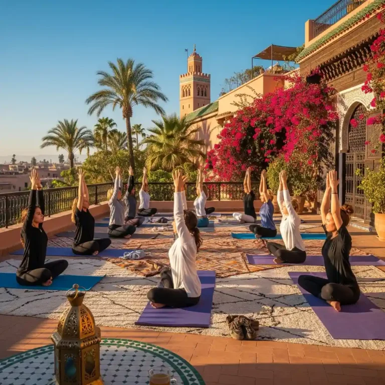 Marrakech yoga retreat on the rooftop with Koutoubia Mosque view. Visit Morocco Tours