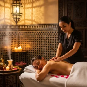 Massage- Casablanca spa luxury with smiling guest, therapist hands, candlelight, and oils. Visit Morocco Tours