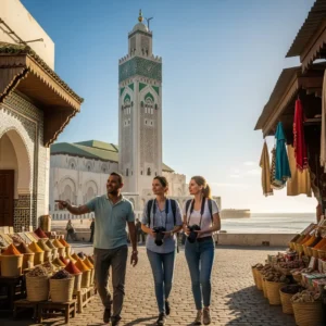 Private Guided Tour of Casablanca with travellers exploring Hassan II Mosque and local streets with a guide. Visit Morocco Tours