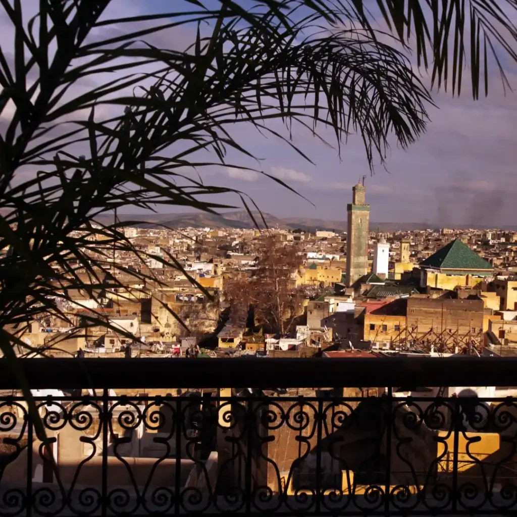 Aerial view of the ancient Fez medina showing rooftops and traditional architecture. Visit Morocco Tours