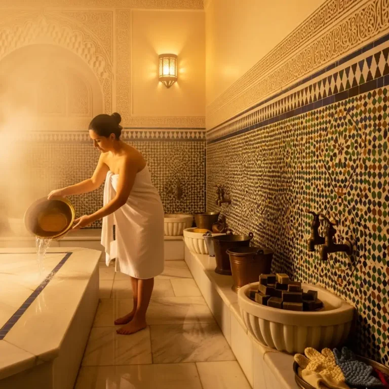 Traditional hammam- Rabat with steam, brass bowls, and Moroccan design offered by Visit Morocco Tours