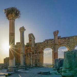 Panoramic view of ancient Volubilis Roman ruins archaeological site in Morocco. Visit Morocco Tours. Visit Morocco Tours