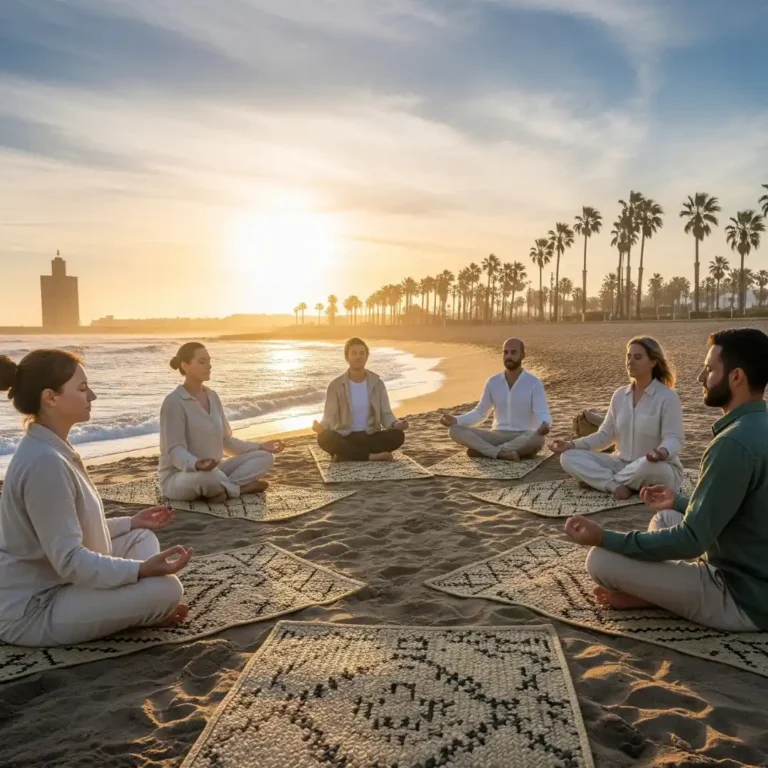 Yoga and Meditation- Rabat. Group practicing yoga and meditation by the ocean in Rabat with Visit Morocco Tours