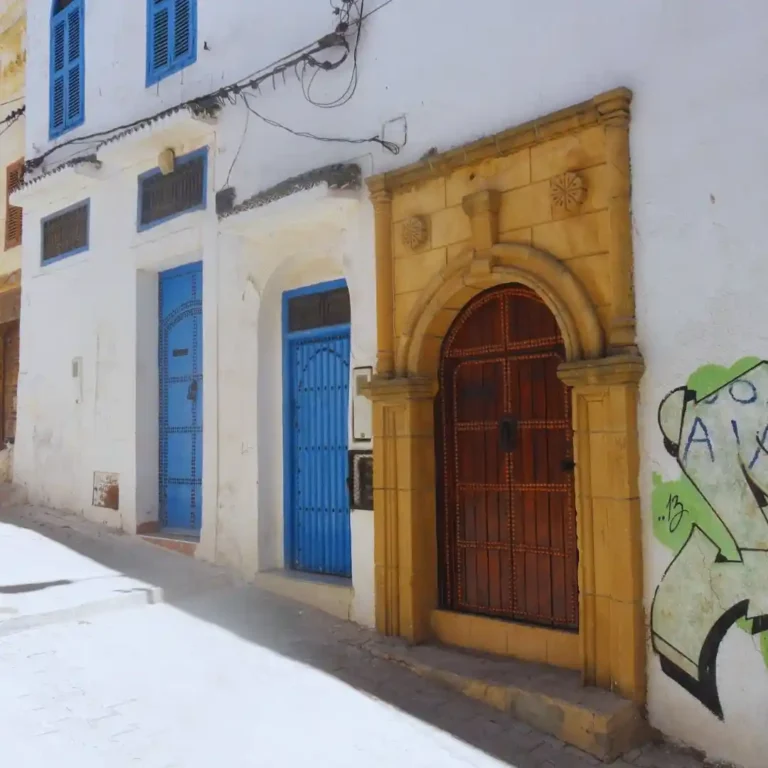 The stunning blue and white painted streets and buildings of the historic Azemmour Medina, Morocco. Visit Morocco Tours