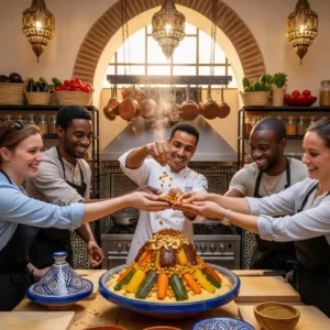 Fez Cooking School class preparing a traditional Moroccan meal. Visit Morocco Tours