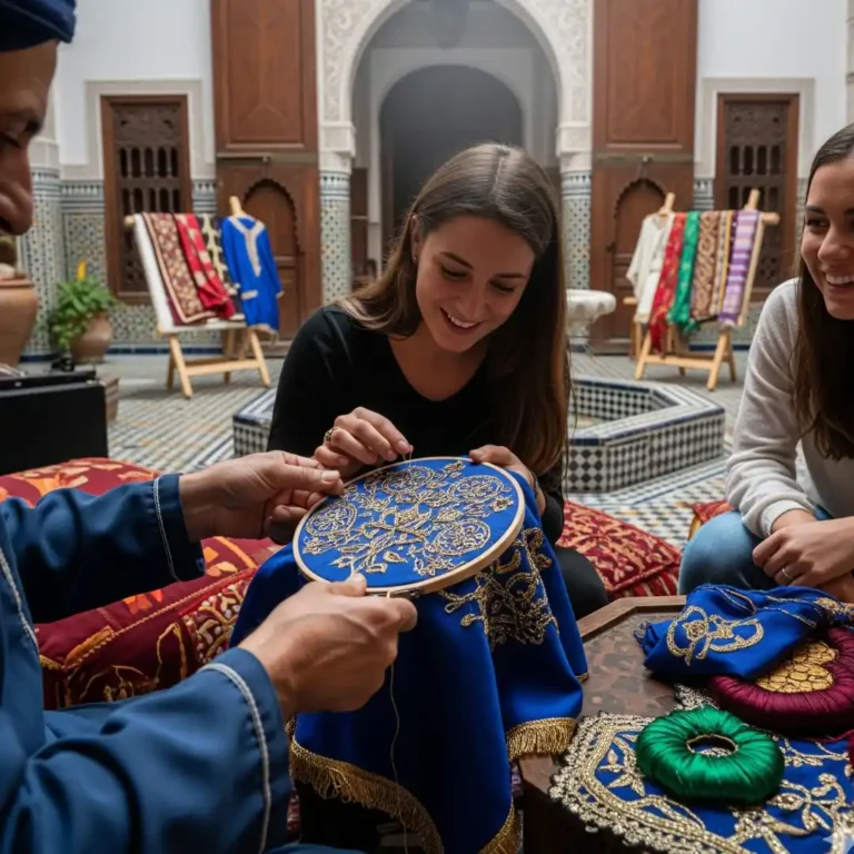 Fez Embroidery Masterclass with a local artisan and tourists in a riad. Visit Morocco Tours