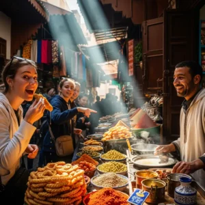 Fez Street Food Tour showing a tourist enjoying a local pastry. Visit Morocco Tours