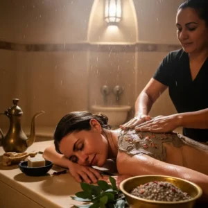 Hammam Ritual with Ghassoul Clay application in a traditional spa. Visit Morocco Tours