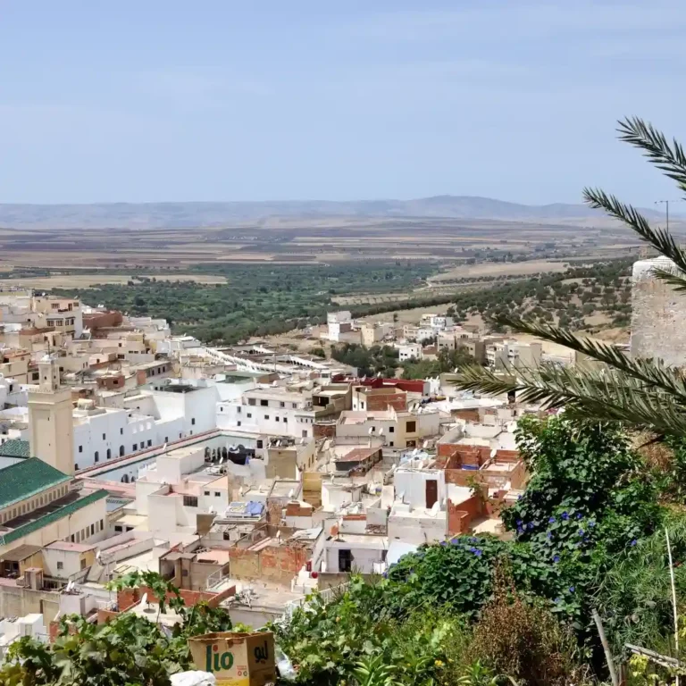 A breathtaking panoramic view of the white-washed holy town of Moulay Idriss Zerhoun from a hilltop, Morocco. Visit Morocco Tours