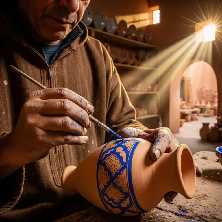 Fez Pottery Cooperative Ceramic Painting with an artisan and a tourist. Visit Morocco Tours