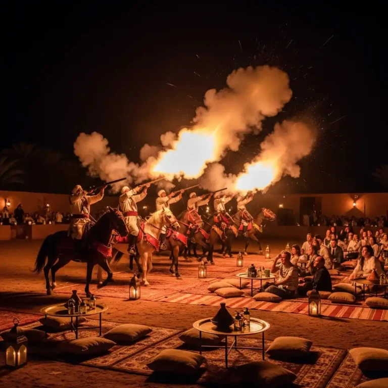 Fez Traditional Fantasia Dinner Show with Berber horsemen performing. Visit Morocco Tours