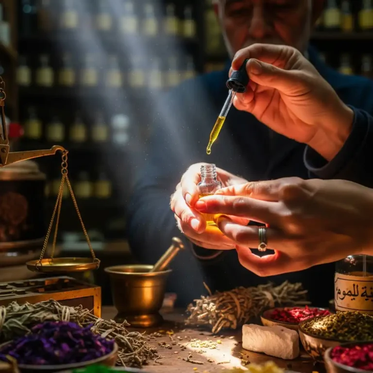 Fez Traditional Perfume Making in a souk with essential oils. Visit Morocco Tours