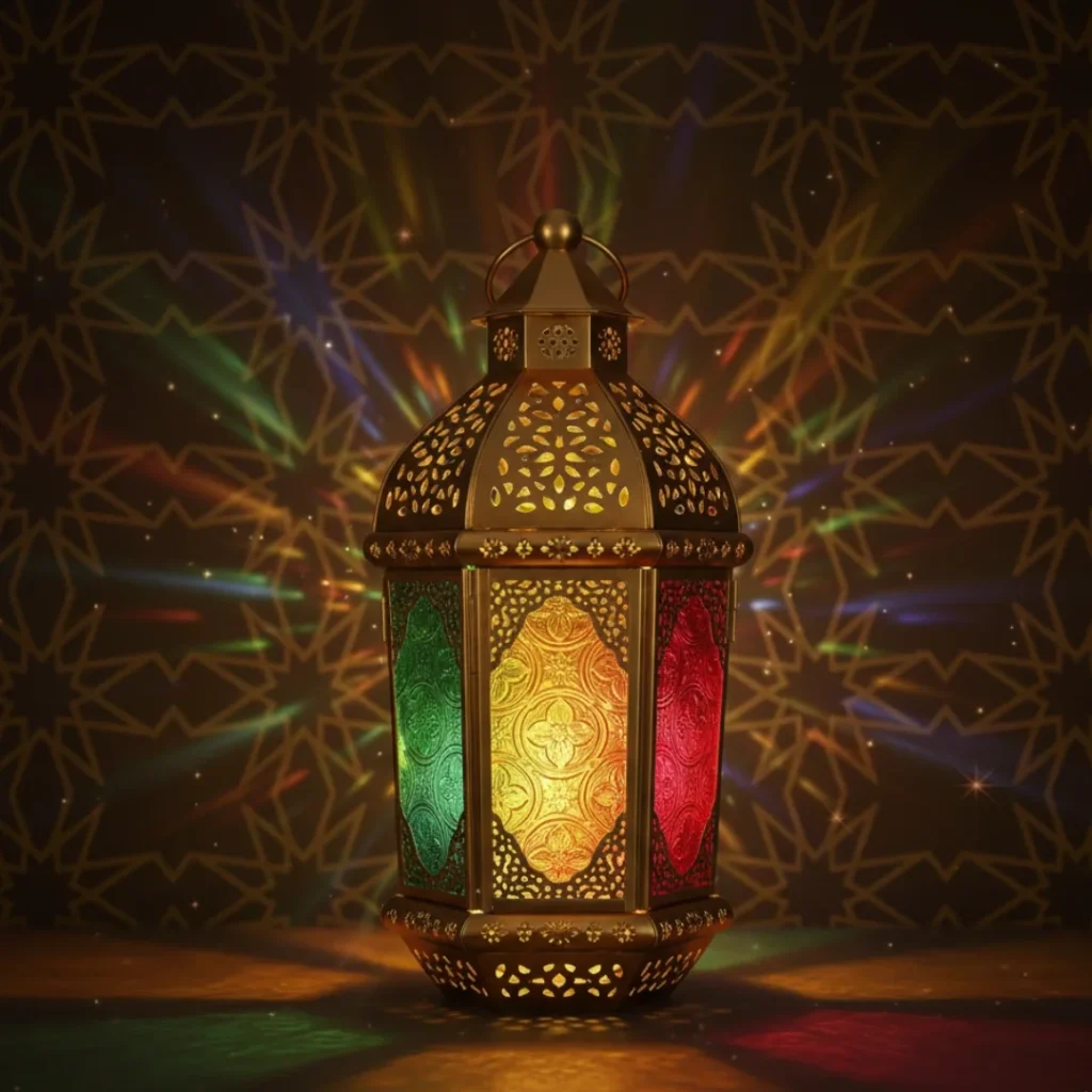 Glowing Moroccan lantern with festive disco-style lights, golden star-pattern background. Visit Morocco Tours